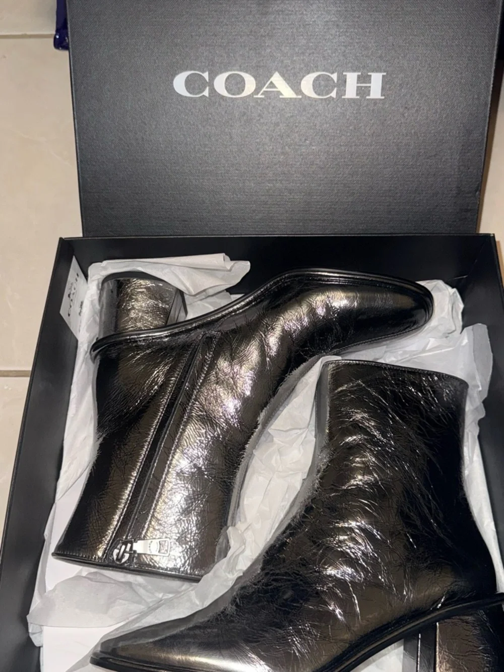 Coach Black Metallic Leather Ankle Boots - Picture 2 of 7